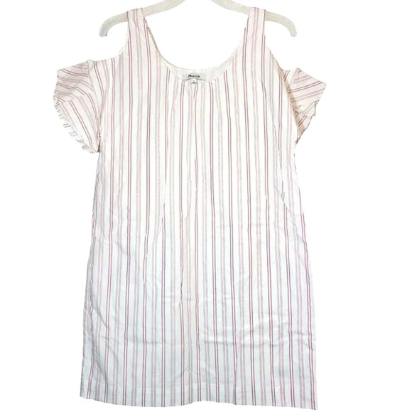 NWOT Madewell Rose Stripe White Summer Dress Open Shoulder Ruffle Sleeve Small - Picture 1 of 7
